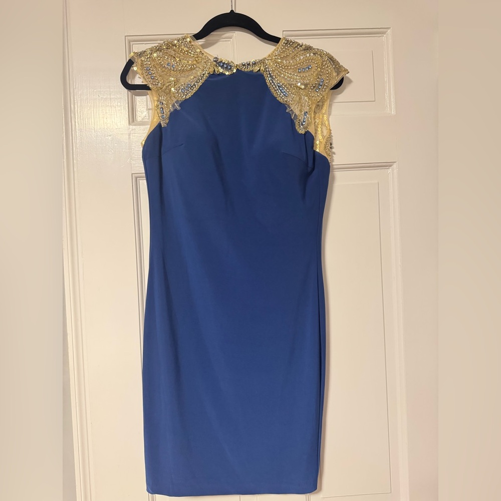 Mac Duggal Royal Blue and Gold Prom Dress